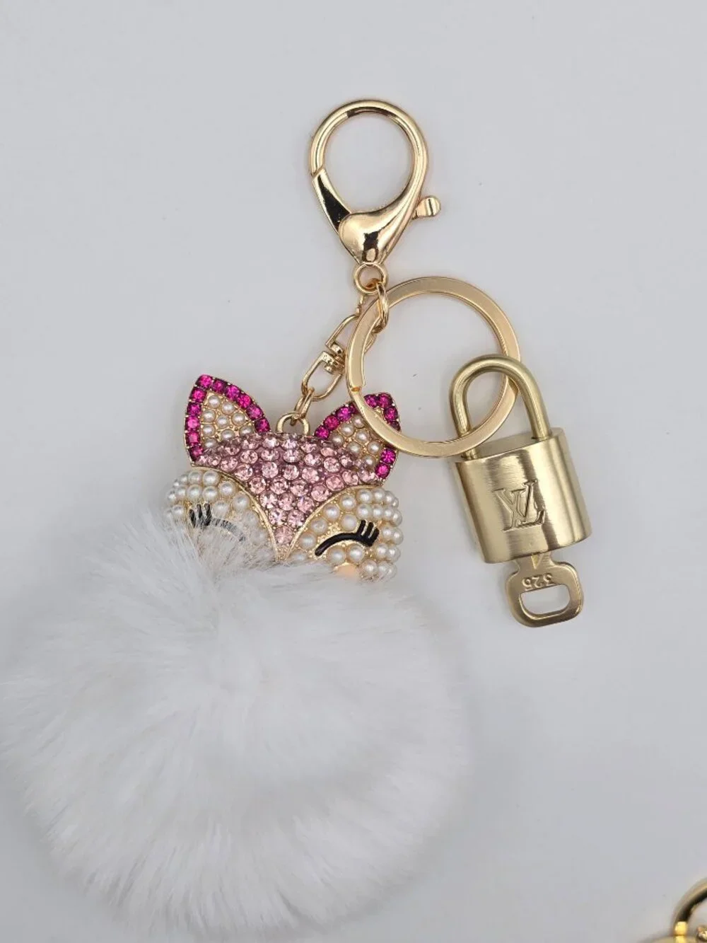 LV Authentic Gold Padlock 🔒 Key Set w/ Unbranded Fox Pom-pom Keychain Charm